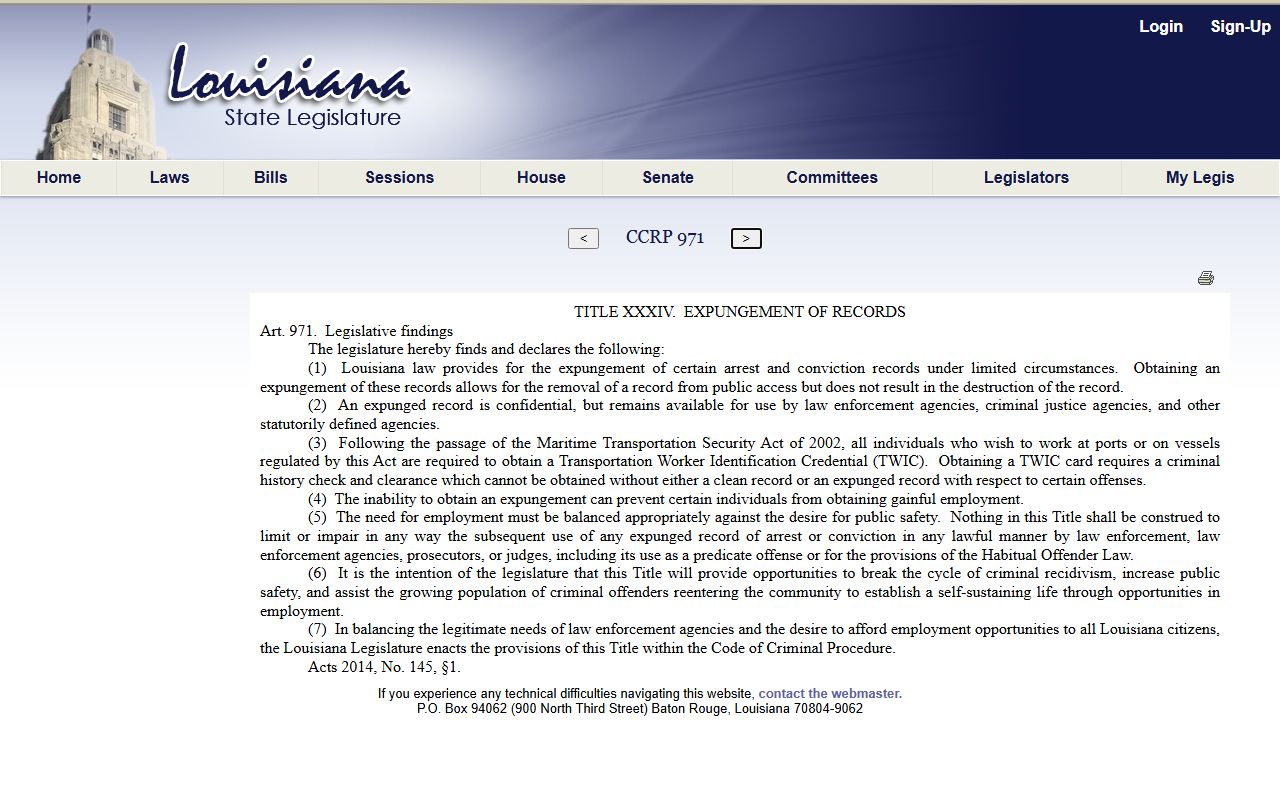 St. James Parish criminal court records Article 971 expungement definitions