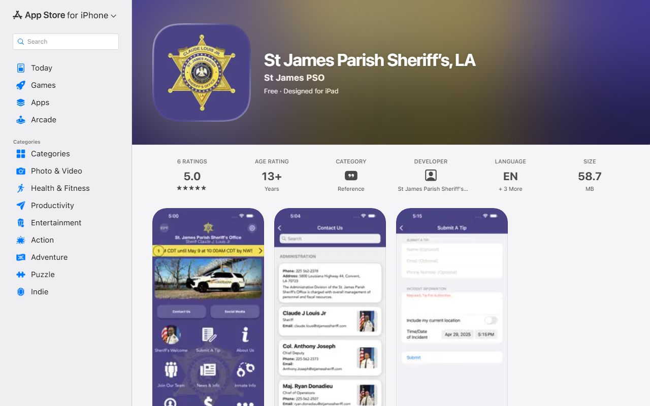 St. James Parish court records Apple sheriff app listing