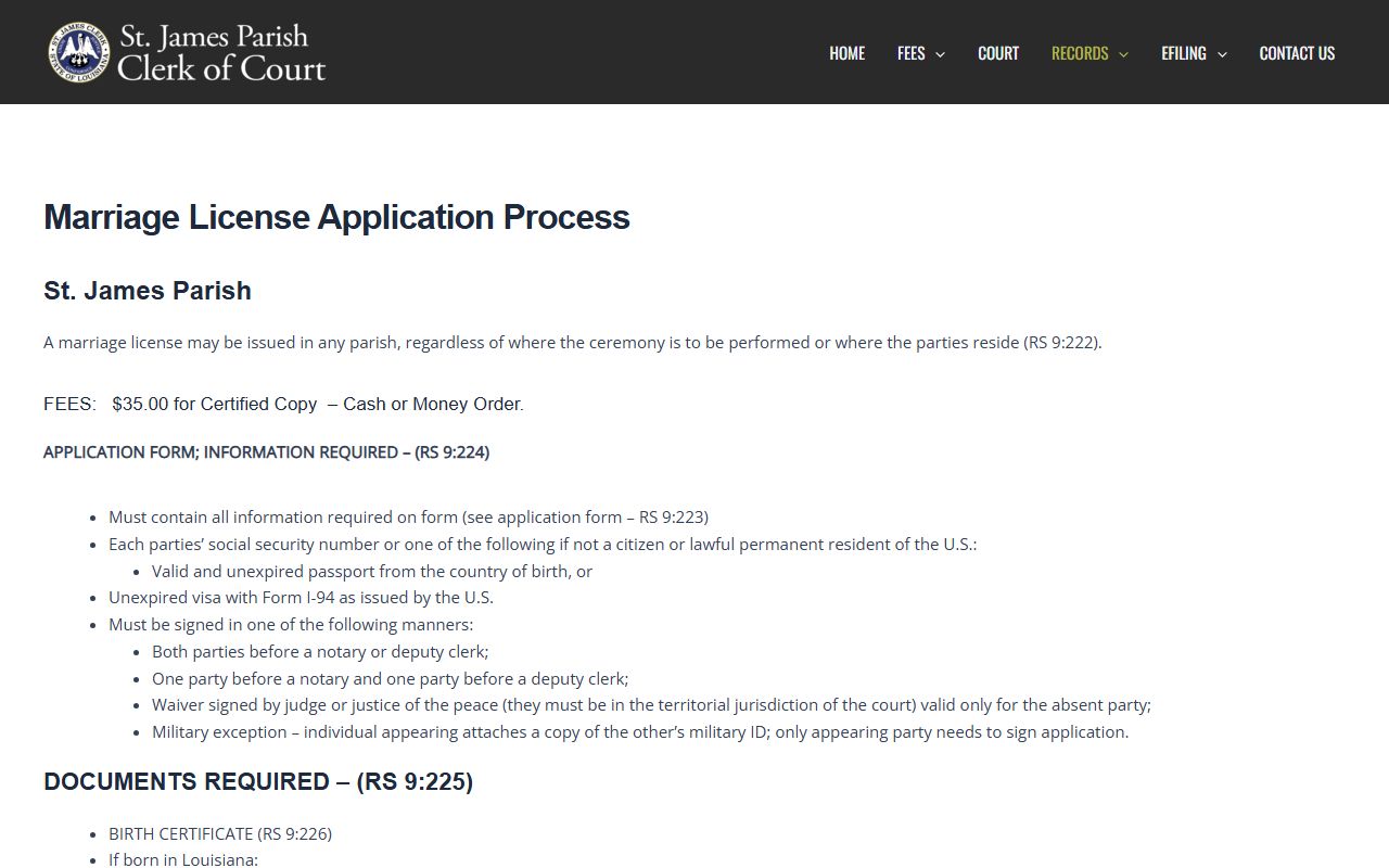 St. James Parish marriage records license application process