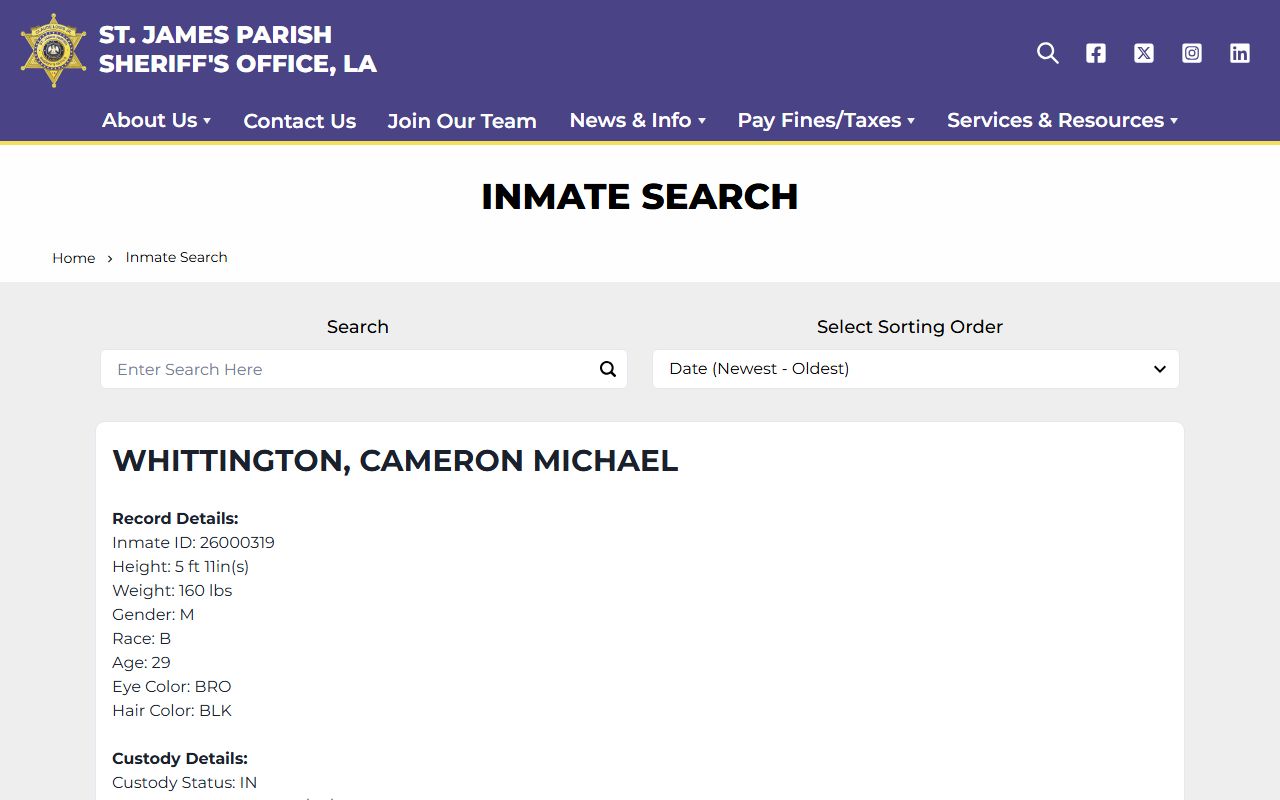 St. James Parish warrant search inmate custody fallback